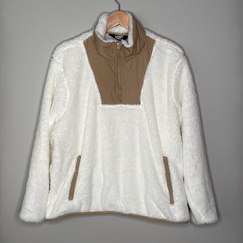 Land's End Women's Half Zip Cozy High Pile Fleece Pullover in Ivory Size Large
